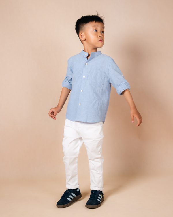 Blue Stand-Collar Long-Sleeve Shirt