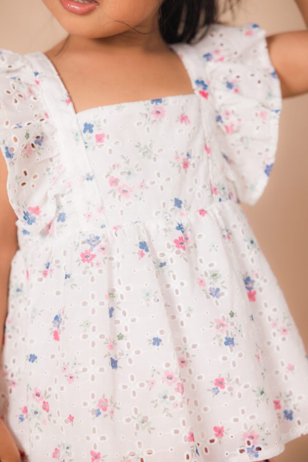White Floral Eyelet Ruffle Top