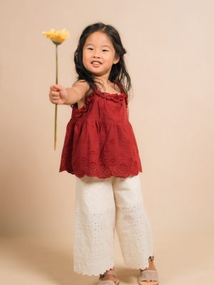 Cream Diamond Eyelet Kids Casual Culotte Pants