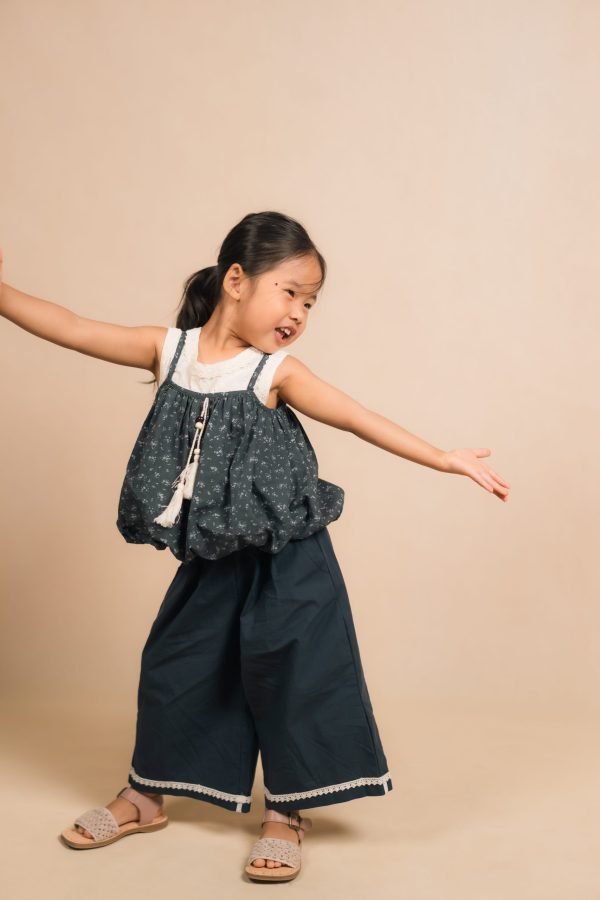 Navy & Brown Lace Trim Kids Wide-Leg Culottes