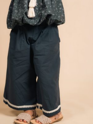 Navy & Brown Lace Trim Kids Wide-Leg Culottes