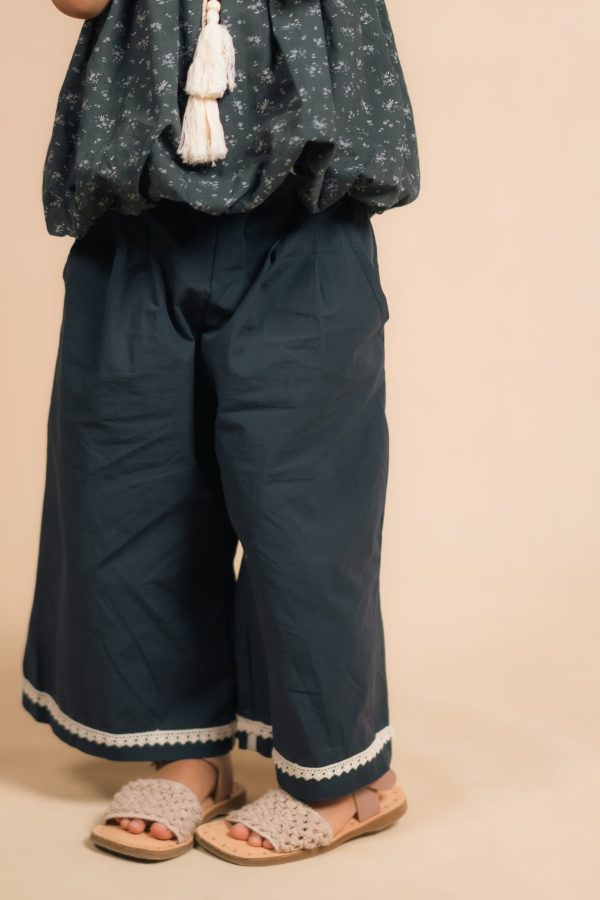 Navy & Brown Lace Trim Kids Wide-Leg Culottes